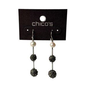 Vtg 1990s Chico’s Pearl Chain Drop Earrings Sparkle Textured Metal Ball Accents